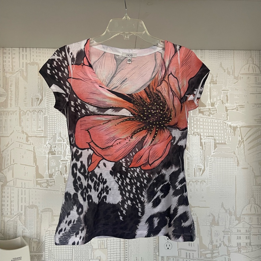 Cache Top T-Shirt - Floral Print with Copper Color E - Size Small S